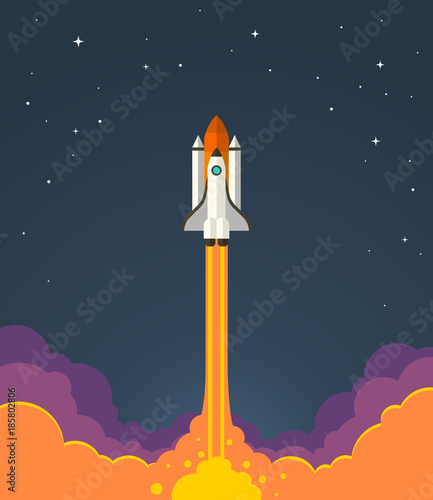Fototapeta samoprzylepna Start rakiety kosmicznej. Wektorowa ilustracja zaczynać astronautyczną rakietę z dymnymi chmurami na ciemnym nocnego nieba tle.