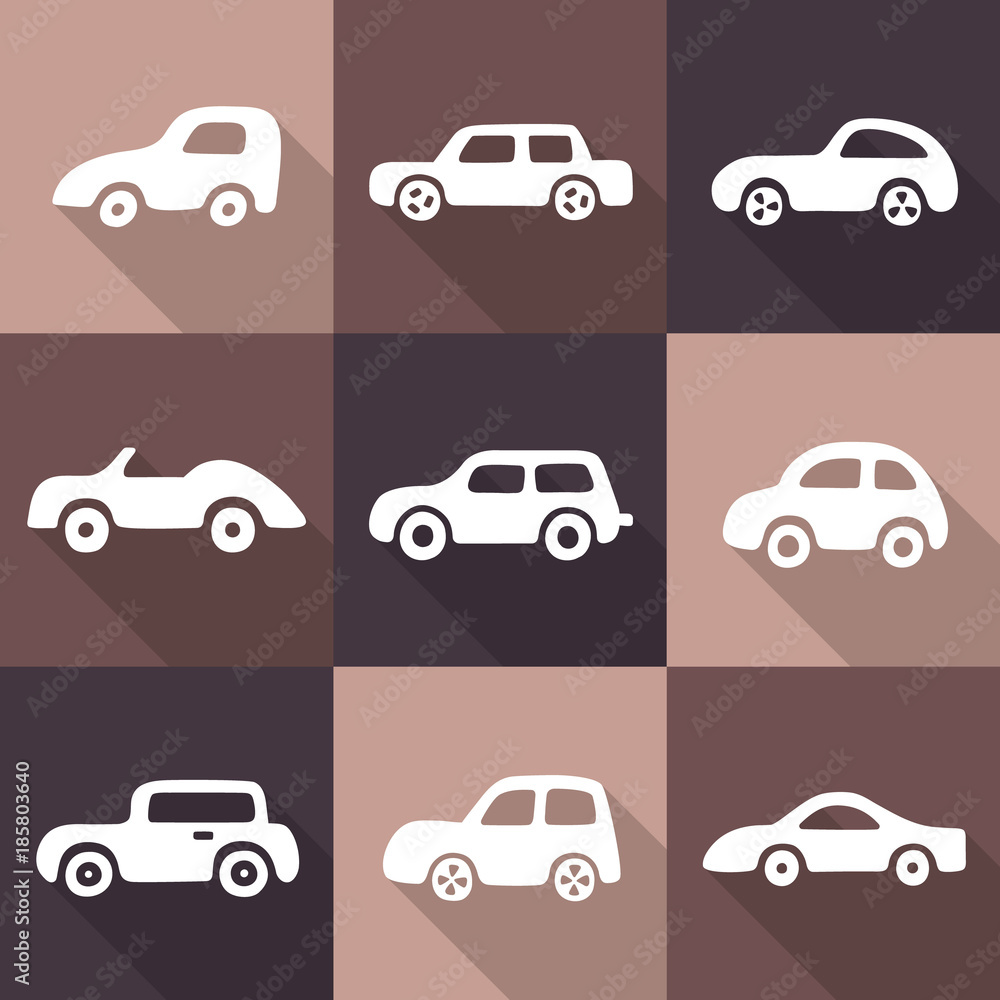 Set of 9 white square cartoon cars. Stock vector template, easy to