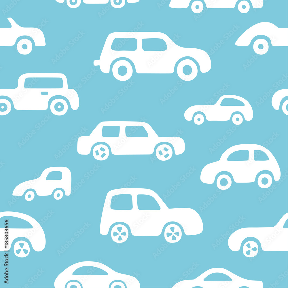 Doodle cars background. Seamless baby boy pattern in vector.