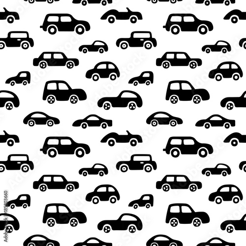 Doodle cars background. Seamless baby boy pattern in vector.