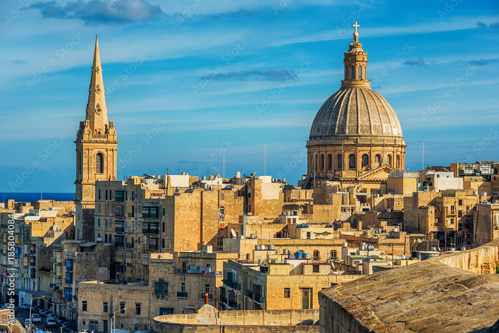 Valletta, Malta: aerial view from city walls in the morning. The cathedral