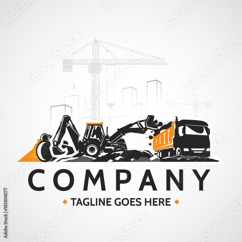 Backhoe tractor and construction heavy truck, buildings cranes.