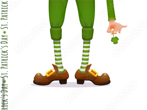 St.Patrick 's Day. Legs of a leprechaun and Patrick's hand with a shamrock clover. Humorous vector illustration