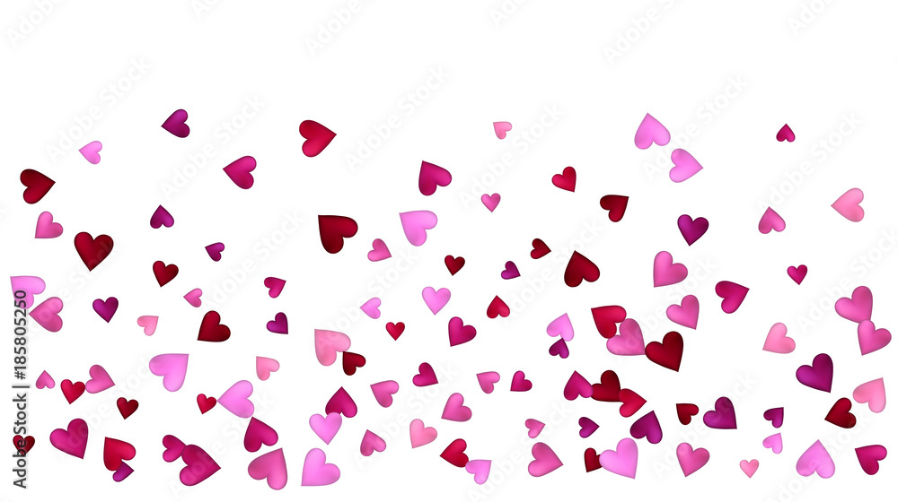 Valentines Day Vector Confetti Border. Falling Down Petals, Showering Pink, Red Hearts. Wide Valentines Day Background, Celebration Hearts Garland Rose Romantic Wedding Frame, Border, Banner Design