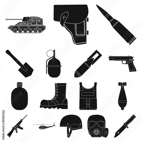 Army and armament black icons in set collection for design. Weapons and equipment vector symbol stock web illustration.