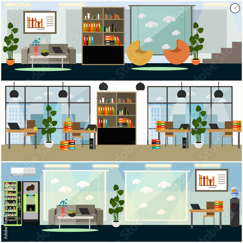 Vector set of business interior posters, banners in flat style