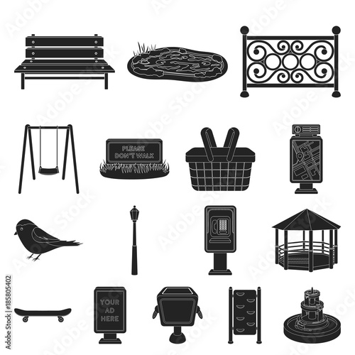 Park, equipment black icons in set collection for design. Walking and rest vector symbol stock web illustration.