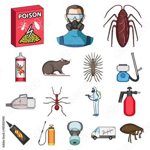 Pest, poison, personnel and equipment cartoon icons in set collection for design. Pest control service vector symbol stock web illustration.