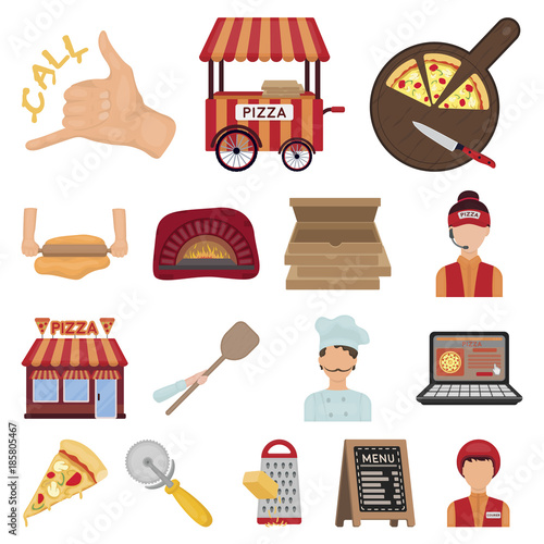 Pizza and pizzeria cartoon icons in set collection for design. Staff and equipment vector symbol stock web illustration.
