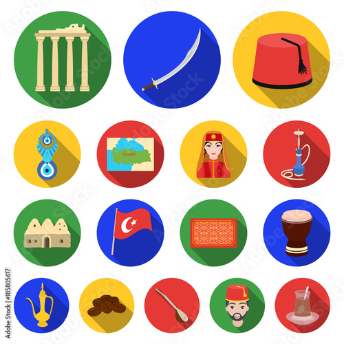 Turkey country flat icons in set collection for design.Travel and attractions vector symbol stock web illustration.