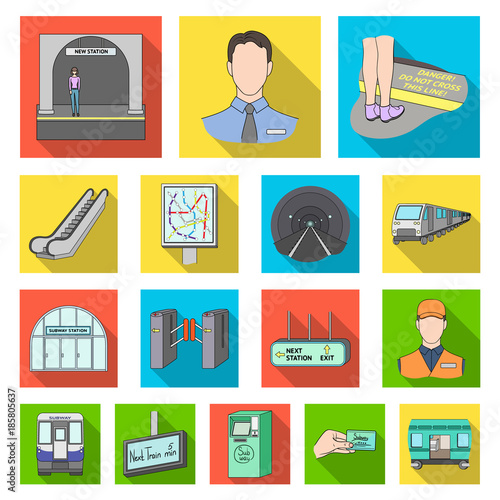 Metro, subway flat icons in set collection for design.Urban transport vector symbol stock web illustration.