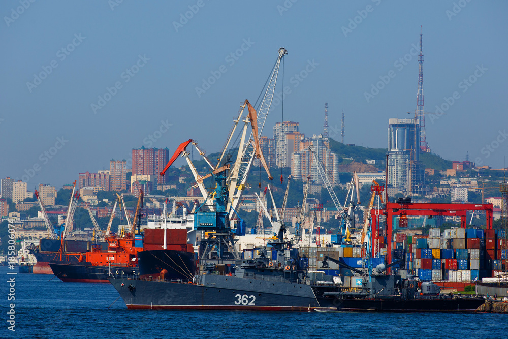 Vladivostok, Russia - AUGUST, 2017: Vladivostok Commercial Sea Port. Container terminals in Vladivostok
