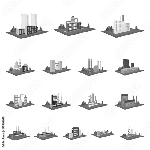 Factory and plant monochrome icons in set collection for design. Production and enterprise vector isometric symbol stock web illustration.