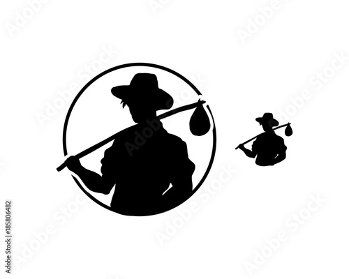 Black Circle a Man with Peasant Hat and Stock of Stick like a Nomad Illustration Symbol Logo Vector