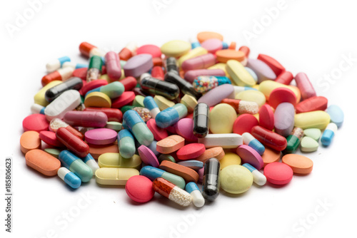 Pharmacy theme. Multicolored Isolated Pills and Capsules