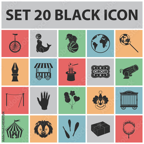 Circus and attributes black icons in set collection for design. Circus Art vector symbol stock web illustration.
