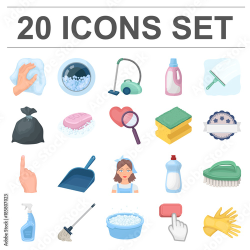 Cleaning and maid cartoon icons in set collection for design. Equipment for cleaning vector symbol stock web illustration.