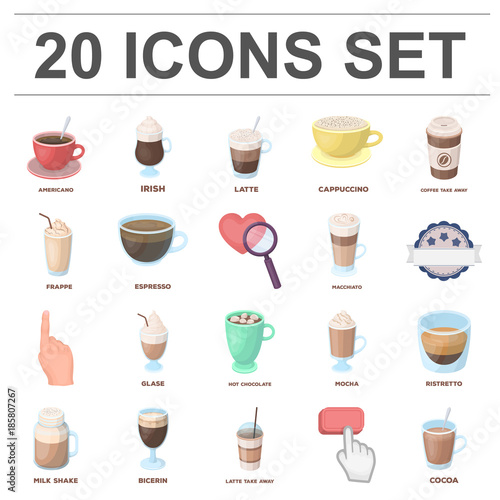 Different kinds of coffee cartoon icons in set collection for design. Coffee drink vector symbol stock web illustration.