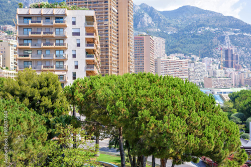 Beautiful daylight view to tall city buildings, green trees and big mountains