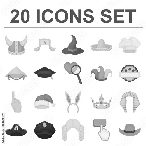 Different kinds of hats monochrome icons in set collection for design.Headdress vector symbol stock web illustration.