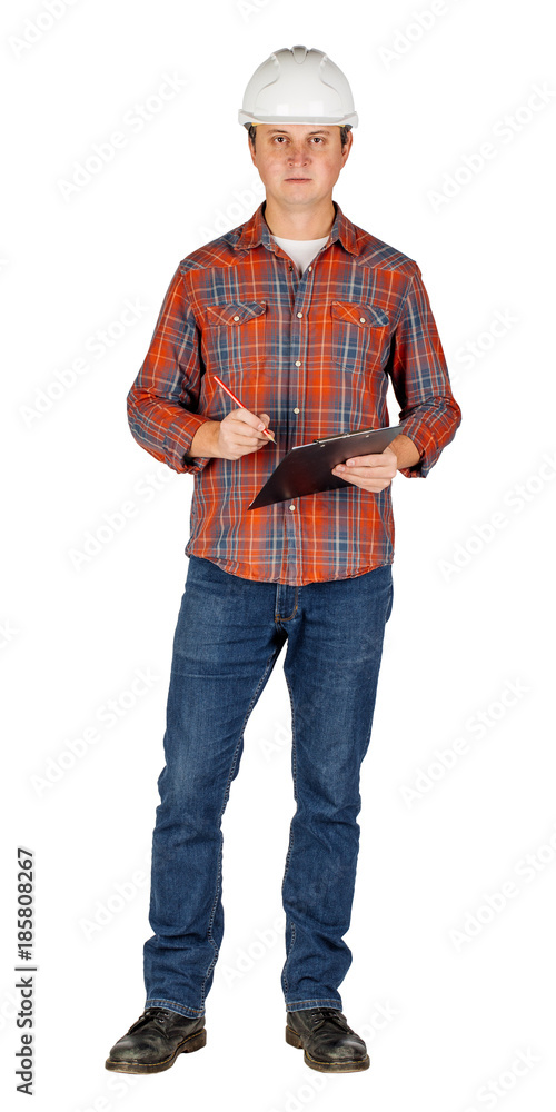 Full length portrait of a male builder in a helmet on white background. repair, construction, building, people and maintenance concept. Full length portrait of a male builder in a helmet on white background. repair, construction, building, people and maintenance concept.
