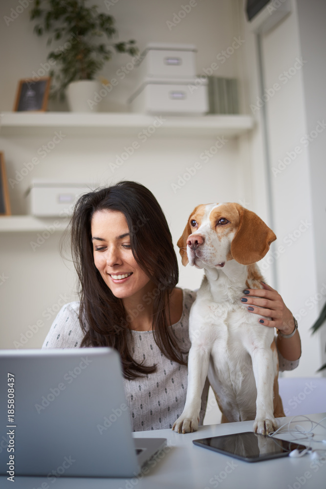 Woman sitting in home office with her dog and using laptop for work. Woman sitting in home office with her dog and using laptop for work.
