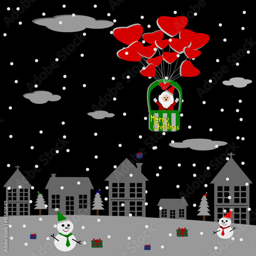 Merry Christmas night, Santa Claus in balloon, snowman Christmas tree and gifts, Christmas greeting card Vector