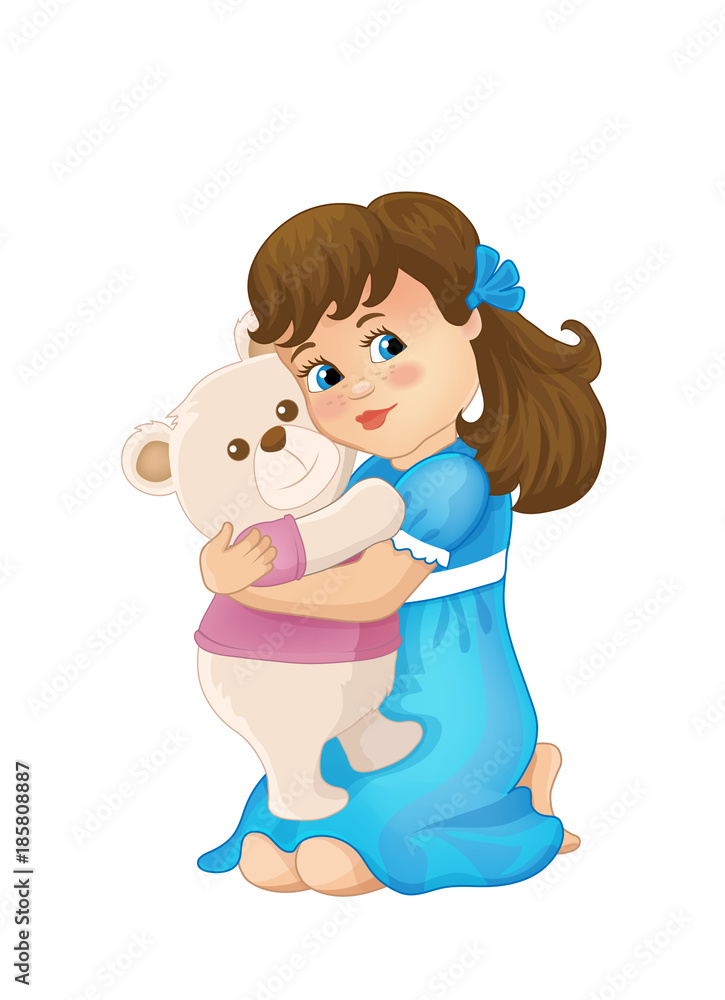 Girl hugging a bear. Clothes pink blue. Bear smiles. Toys illustration. Girl hugging a bear. Clothes pink blue. Bear smiles. Toys illustration.