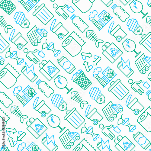 Garbage seamless pattern with thin line icons: garbage bin, organic trash, garbage truck, glass, recycled paper, aluminium, battery, plastic bottle. Modern vector illustration.