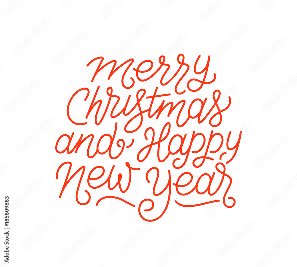 Merry Christmas and Happy New Year calligraphic line art style lettering isolated on white background. Typography text for holiday gift card design. Vector illustration Merry Christmas and Happy New Year calligraphic line art style lettering isolated on white background. Typography text for holiday gift card design. Vector illustration