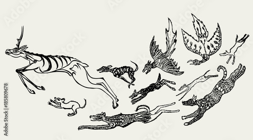 Fantastic creatures hunt a deer