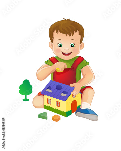 a little boy plays with toys, collects pyramid round puzzle. House. Round Windows. Beautiful illustration