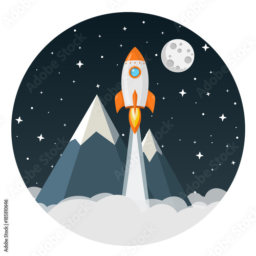 Rakete startet ins Weltall mit Mond, Sternen und Bergen Flat Design Icon