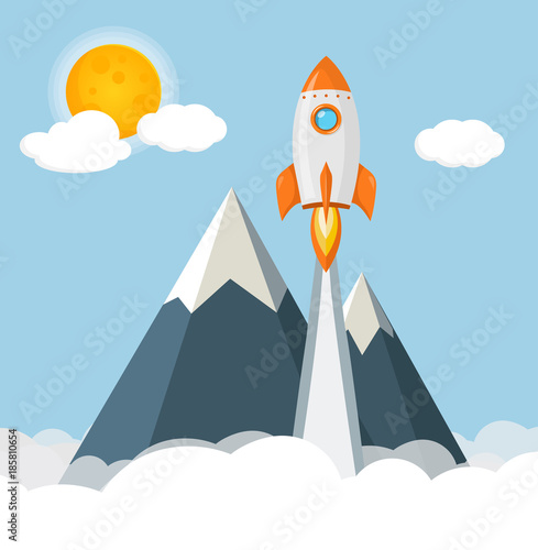 Rakete startet ins Weltall mit Bergen, Wolken und Sonne Flat Design Icon