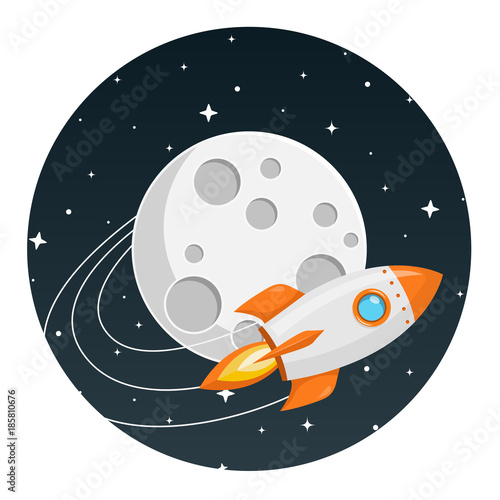 Rakete fliegt um den Mond Flat Design Icon
