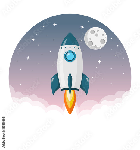 Rakete startet ins Weltall mit Mond und Sternen Flat Design Icon