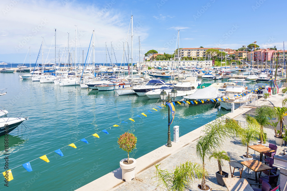 Daylight sunny view to parked yachts in port of Beaulieu-sur-Mer in France