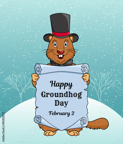 Happy Groundhog day greeting card or a vertical banner. Cartoon design with a cute little beast in a hat and bow tie. Congratulatory inscription on an old scroll. Vector illustration