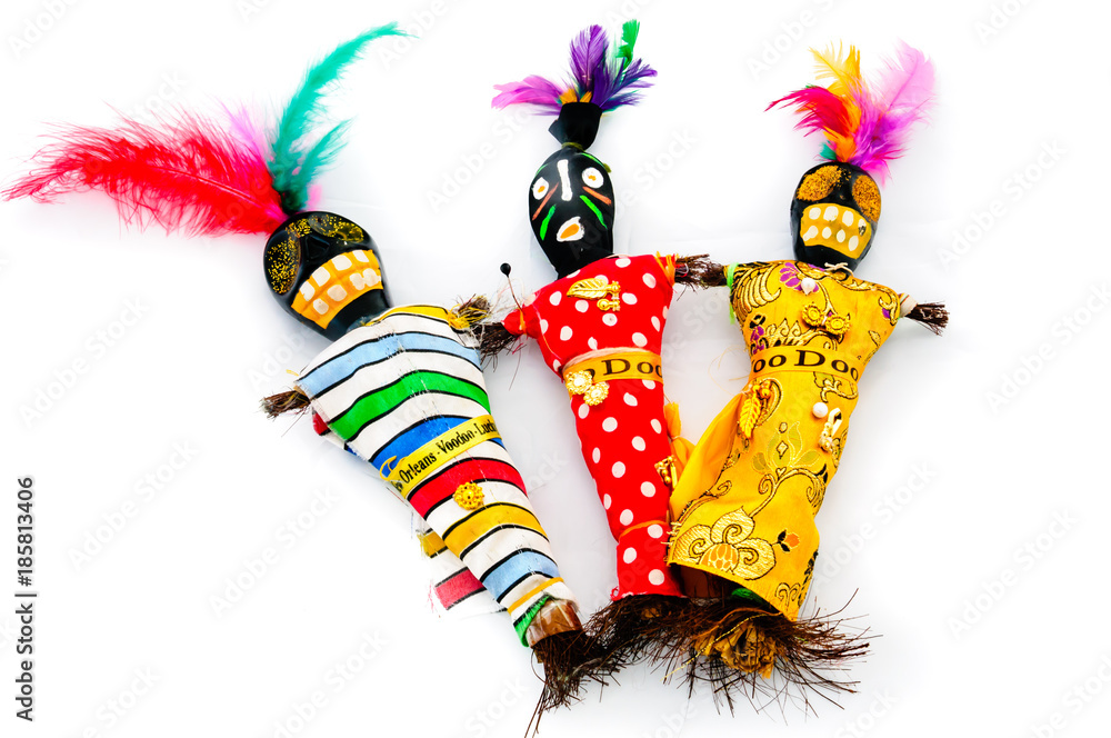 Voodoo dolls made from wood, paint and feathers, from New Orleans, Louisana