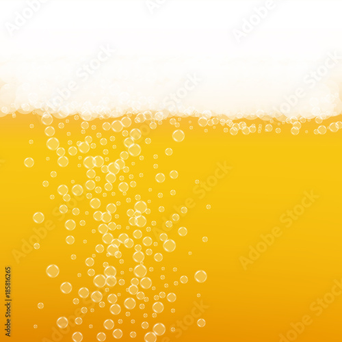 Beer background with realistic bubbles. Cool beverage for restaurant menu design, banners and flyers. Yellow square beer background with white frothy foam. Cold pint of golden lager or ale.