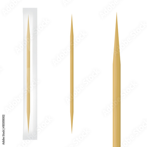 Realistic wooden toothpick in transparent individual package. Vector illustration. photo
