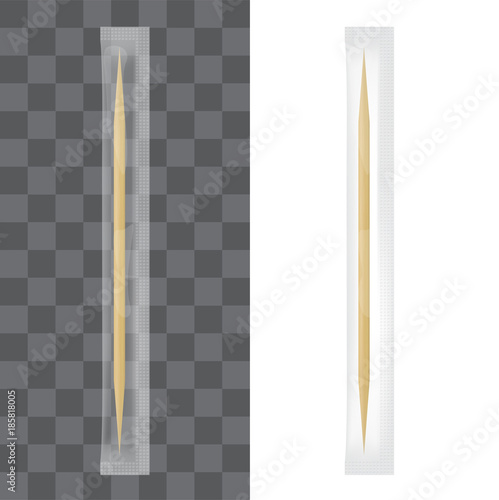 Realistic wooden toothpick in transparent individual package. Vector illustration.