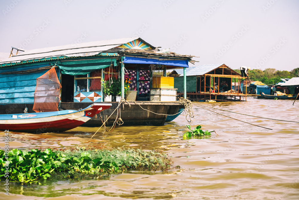 Homes on stilts on the floating village of Kampong Phluk, Tonle Sap lake, Siem Reap province, Cambodia