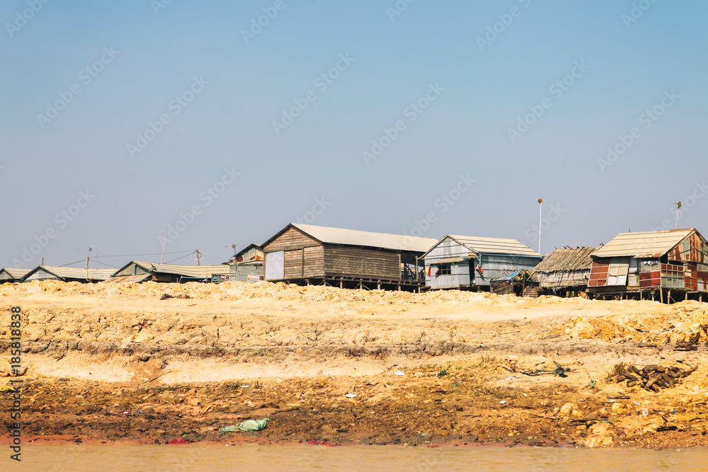 Homes on stilts on the floating village of Kampong Phluk, Tonle Sap lake, Siem Reap province, Cambodia