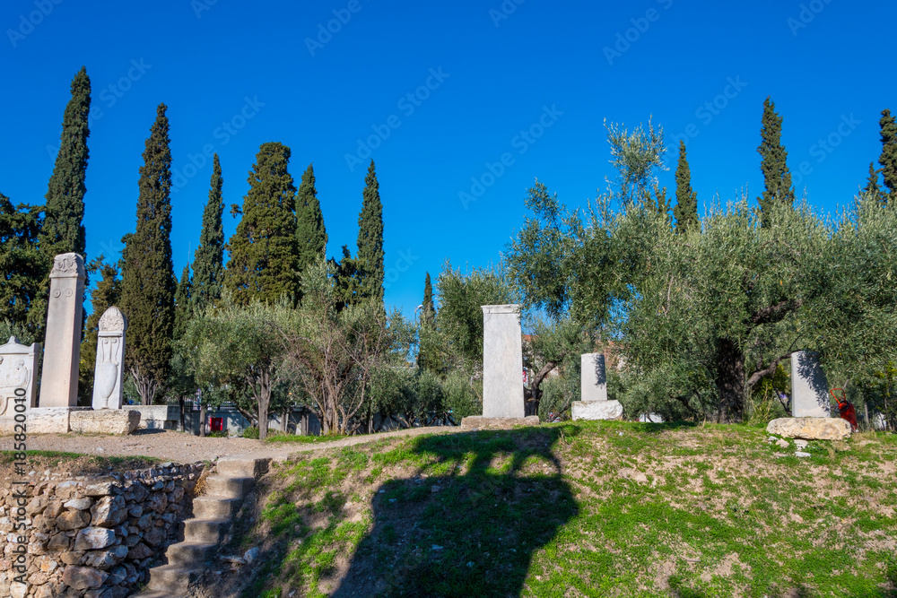 Shadow of bull statue in Kerameikos archaeological site, the cemetery of ancient Athens in Greece
