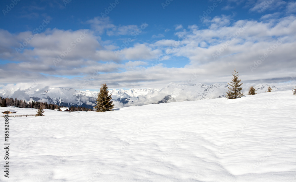 snow mountains  and blue sky in south tirol winter travel  landscape