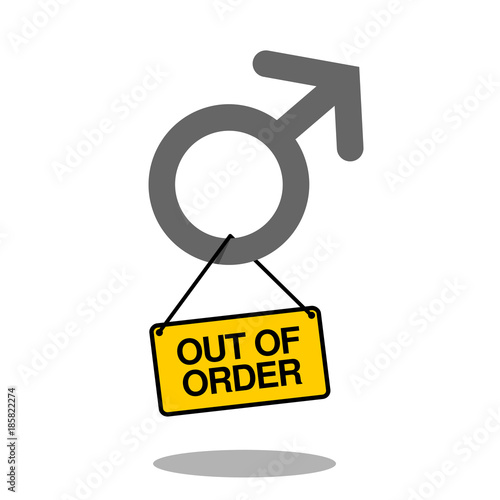 Male sex symbol is out of order. Metaphor of problem and trouble with impotence ( erectile dysfunction, inability to erect penis ) or diagnosis of infertility and sterility. Vector illustration
