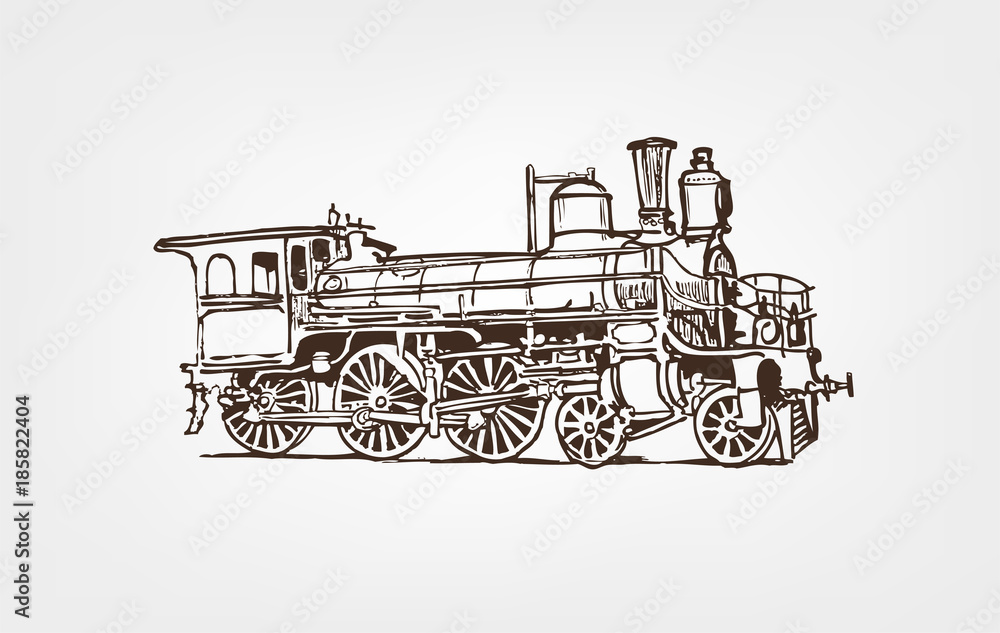 Old steam locomotive isolated on white background. Hand drawn illustration.