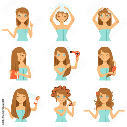 Health hairs protection. Teen washing face and long hairs