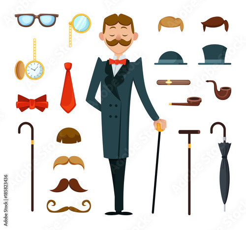 Fashioned retro gentleman with different accessories of victorian style. Creation mascot kit